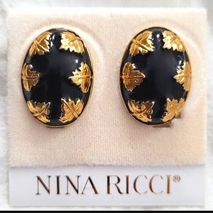 NINA RICCI Gold Black Enamel Leaf Earrings #SALE